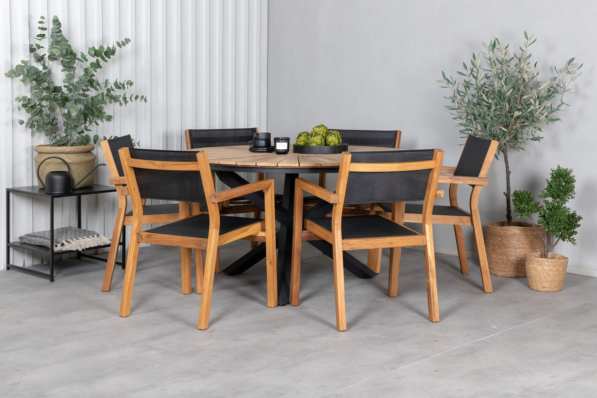 Rundes Gartentischset mit Teak-Tischplatte in Schwarz auf Akazienholzbeinen und zwei Aluminium-Teak Stühlen in Naturton, Outdoor-Möbel.