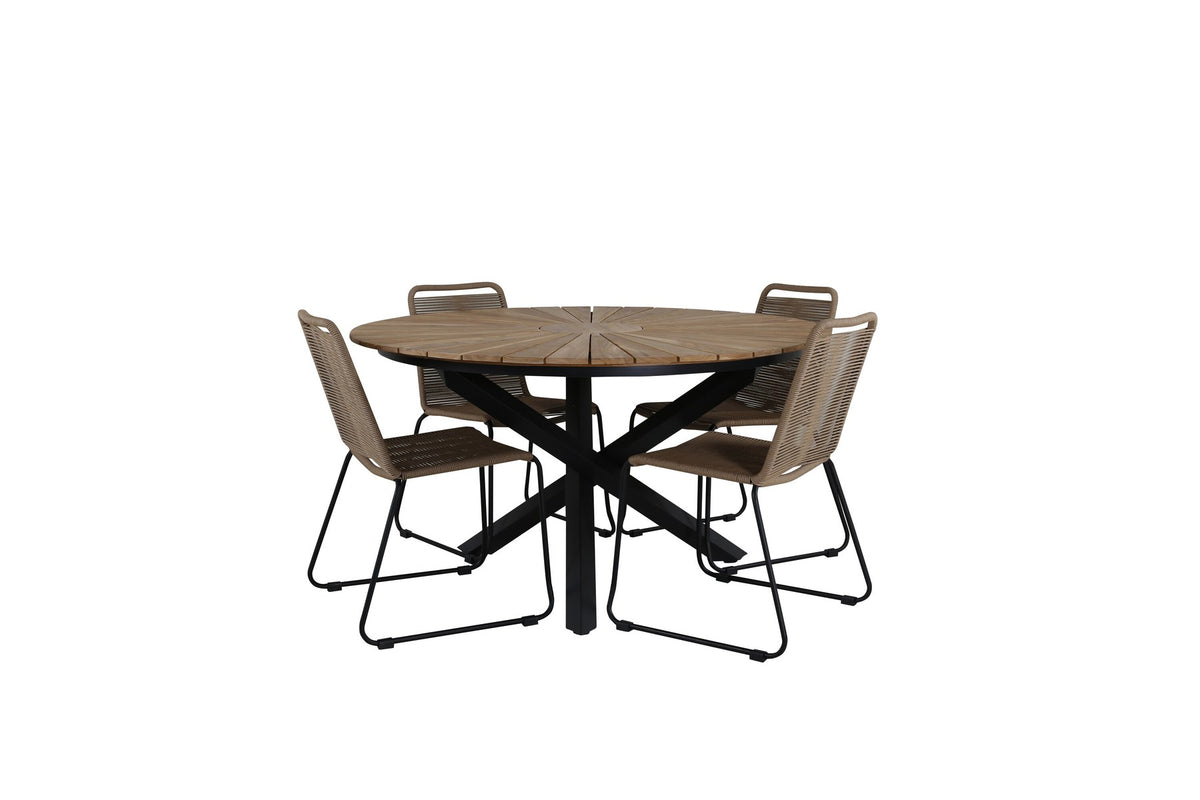 Gartentischset Mexiko mit Lindos-Stühlen: Teak-Tisch mit Stahlbeinen und Aluminium-Teak-Stühlen in Braun, rechteckige Tischplatte.