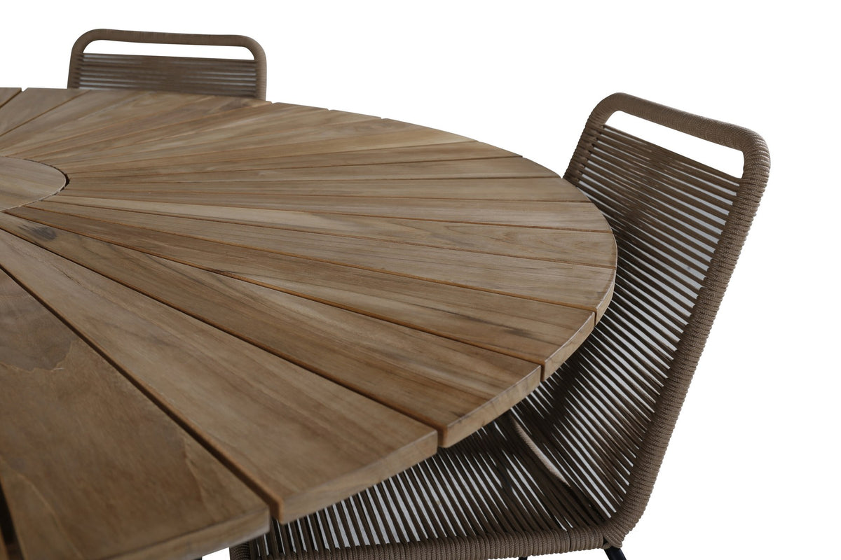 Gartentischset Mexiko mit Lindos-Stühlen: Teak-Tisch mit Stahlbeinen und Aluminium-Teak-Stühlen in Braun, rechteckige Tischplatte.