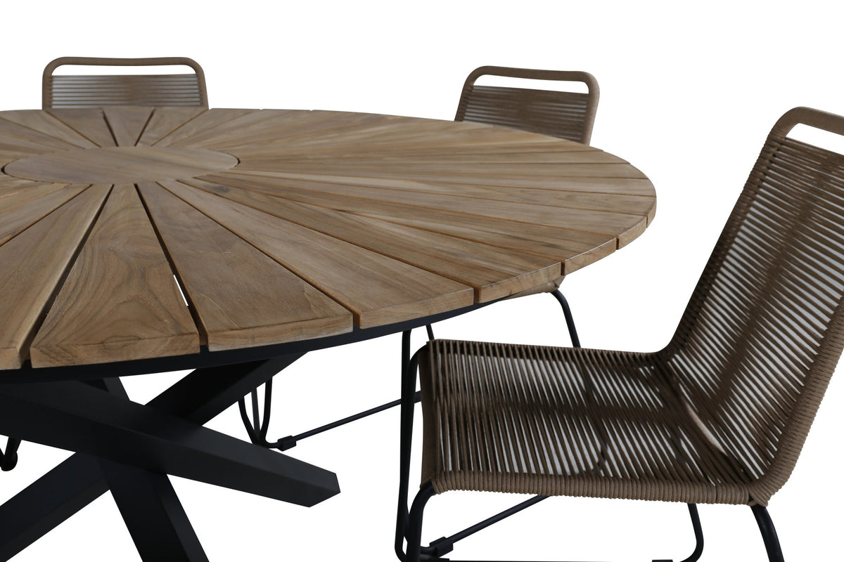 Gartentischset Mexiko mit Lindos-Stühlen: Teak-Tisch mit Stahlbeinen und Aluminium-Teak-Stühlen in Braun, rechteckige Tischplatte.