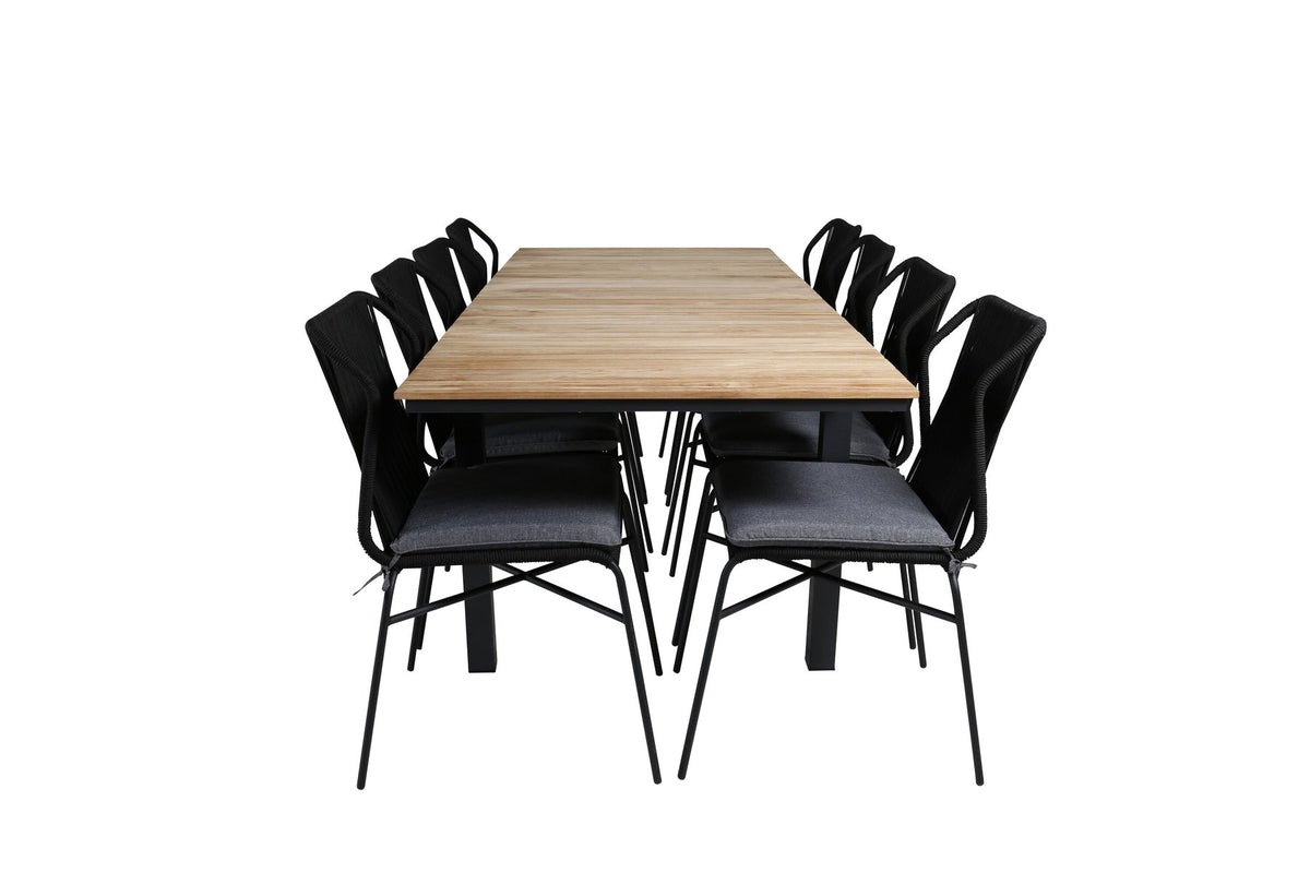 Vier schwarze Esszimmerstühle aus Aluminium mit Seilbezug und ausziehbarer rechteckiger Teakholz-Esstisch mit Stahlbeinen, Naturfarben.