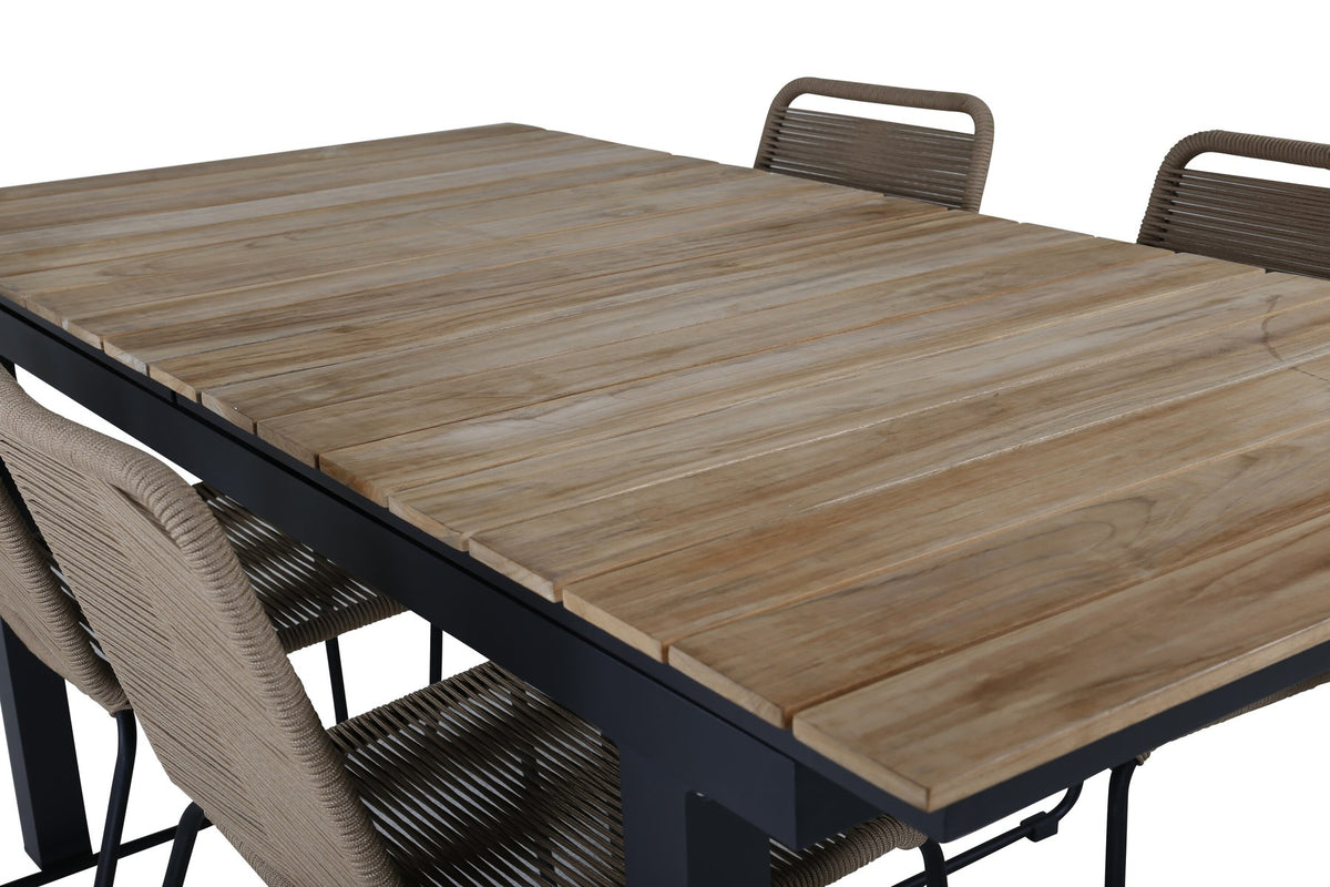 Rechteckiger Esstisch aus Teak und Aluminium in Natur mit zwei Esszimmerstühlen in Braun mit Pulverbeschichtung, Outdoor-Set von Venture Home.