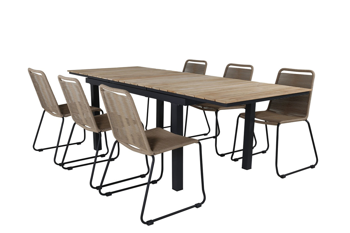 Rechteckiger Esstisch aus Teak und Aluminium in Natur mit zwei Esszimmerstühlen in Braun mit Pulverbeschichtung, Outdoor-Set von Venture Home.