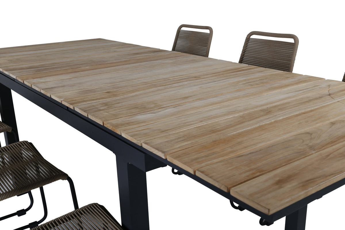Rechteckiger Esstisch aus Teak und Aluminium in Natur mit zwei Esszimmerstühlen in Braun mit Pulverbeschichtung, Outdoor-Set von Venture Home.