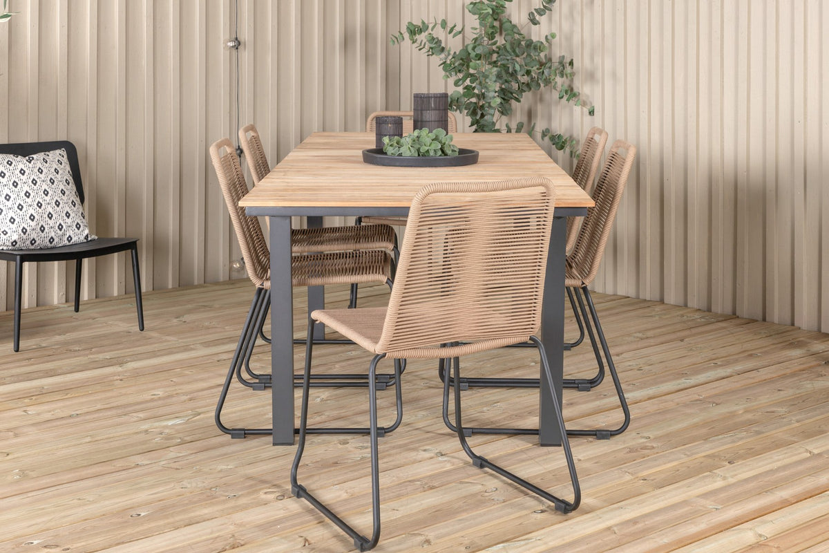 Rechteckiger Esstisch aus Teak und Aluminium in Natur mit zwei Esszimmerstühlen in Braun mit Pulverbeschichtung, Outdoor-Set von Venture Home.