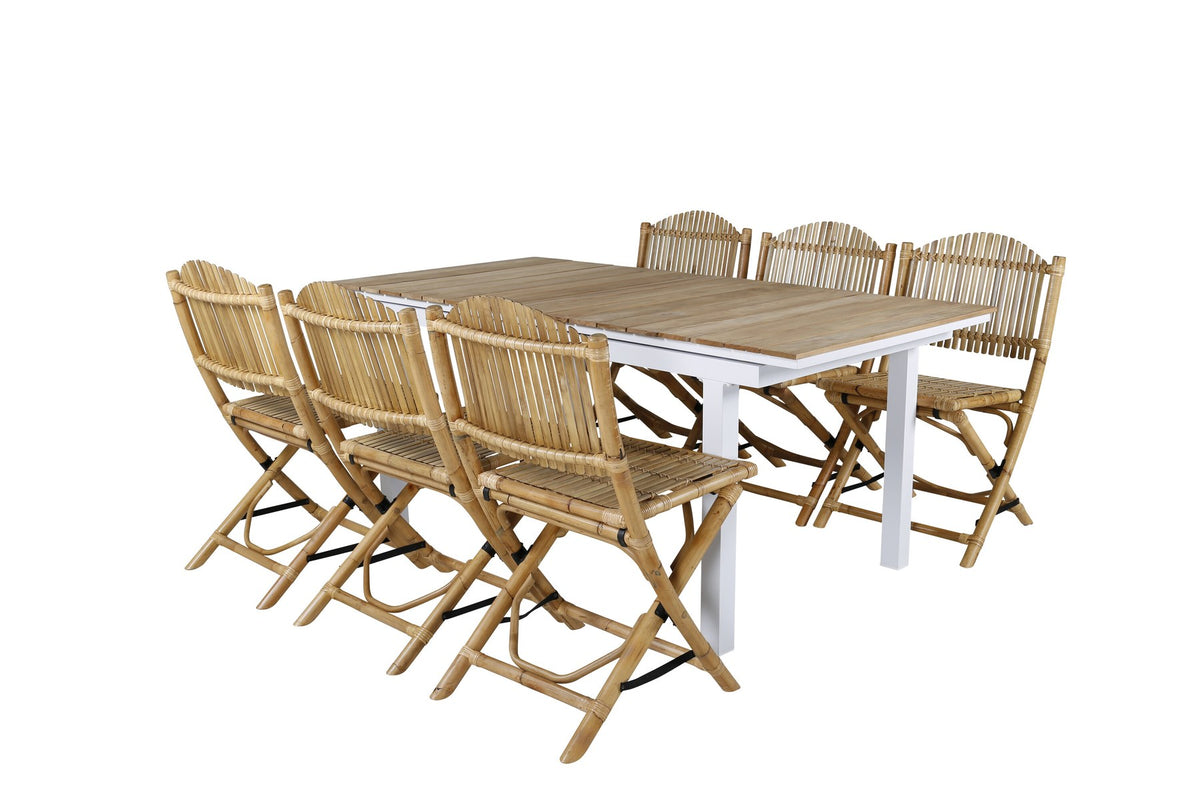 Gartentischset Cane & Mexico von Venture Home: Teakholz-Tisch mit Rattan-Beinen und Aluminium-Stühle in Natur, ausziehbar auf 240 cm.