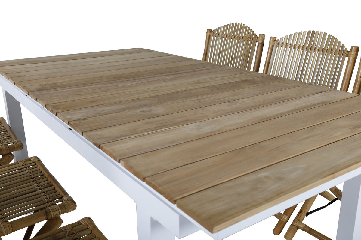 Gartentischset Cane & Mexico von Venture Home: Teakholz-Tisch mit Rattan-Beinen und Aluminium-Stühle in Natur, ausziehbar auf 240 cm.
