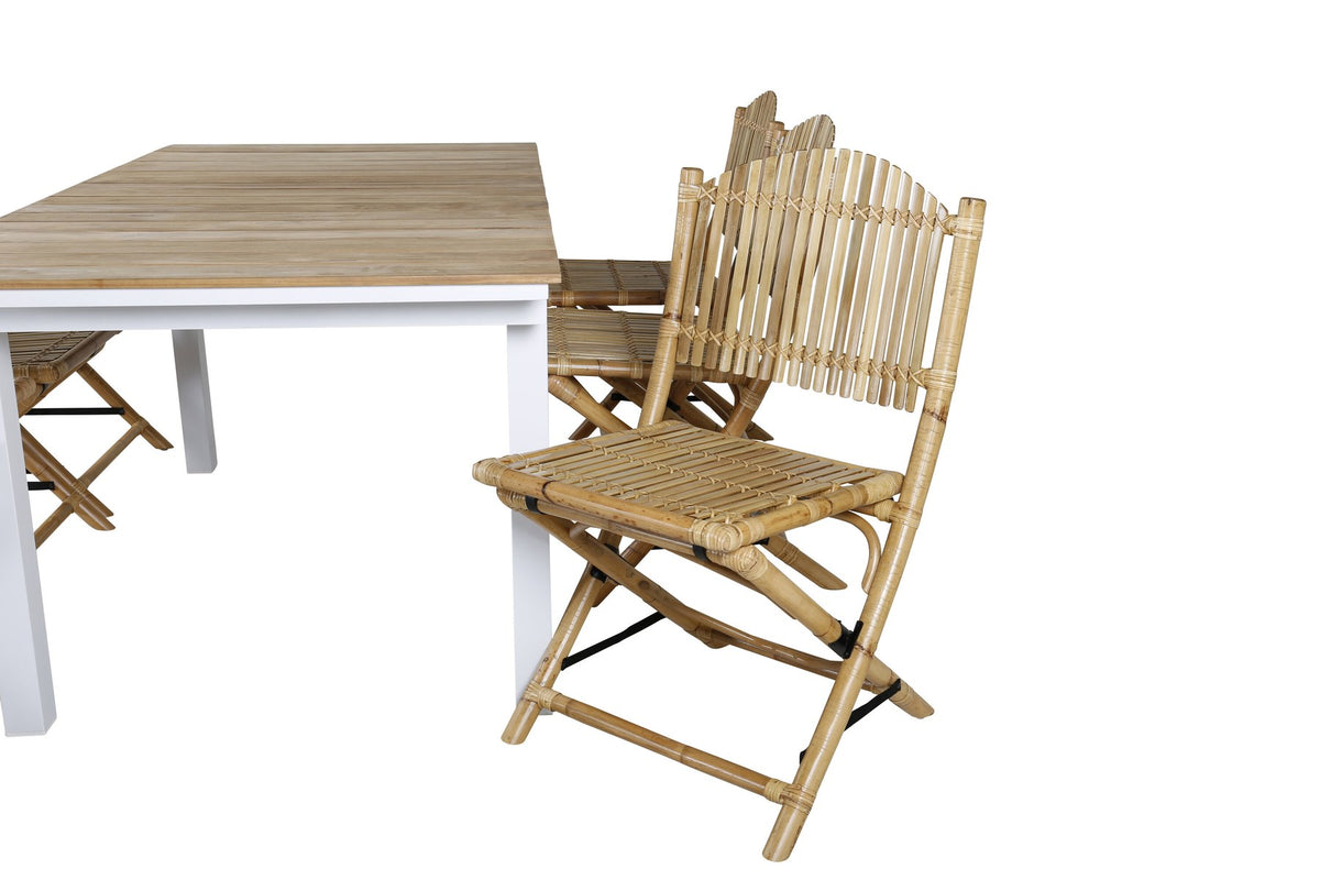 Gartentischset Cane & Mexico von Venture Home: Teakholz-Tisch mit Rattan-Beinen und Aluminium-Stühle in Natur, ausziehbar auf 240 cm.