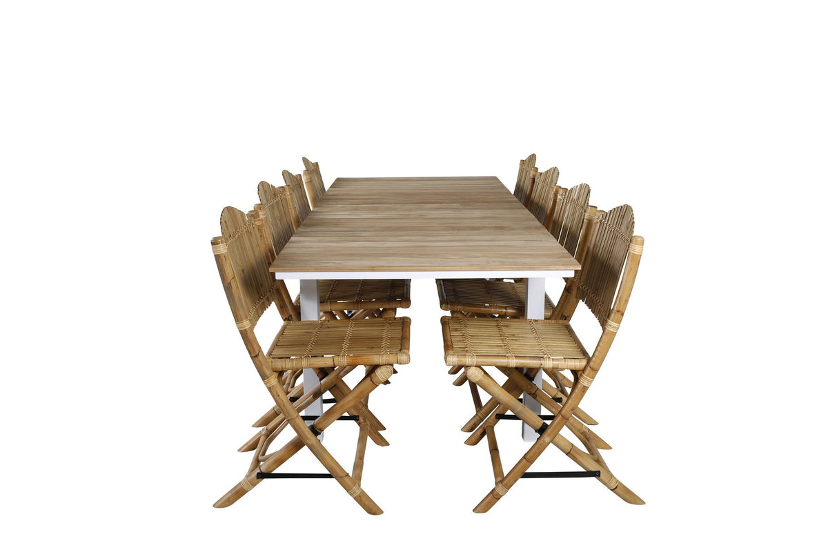 Gartentischset Cane & Mexico von Venture Home: Teakholz-Tisch mit Rattan-Beinen und Aluminium-Stühle in Natur, ausziehbar auf 240 cm.