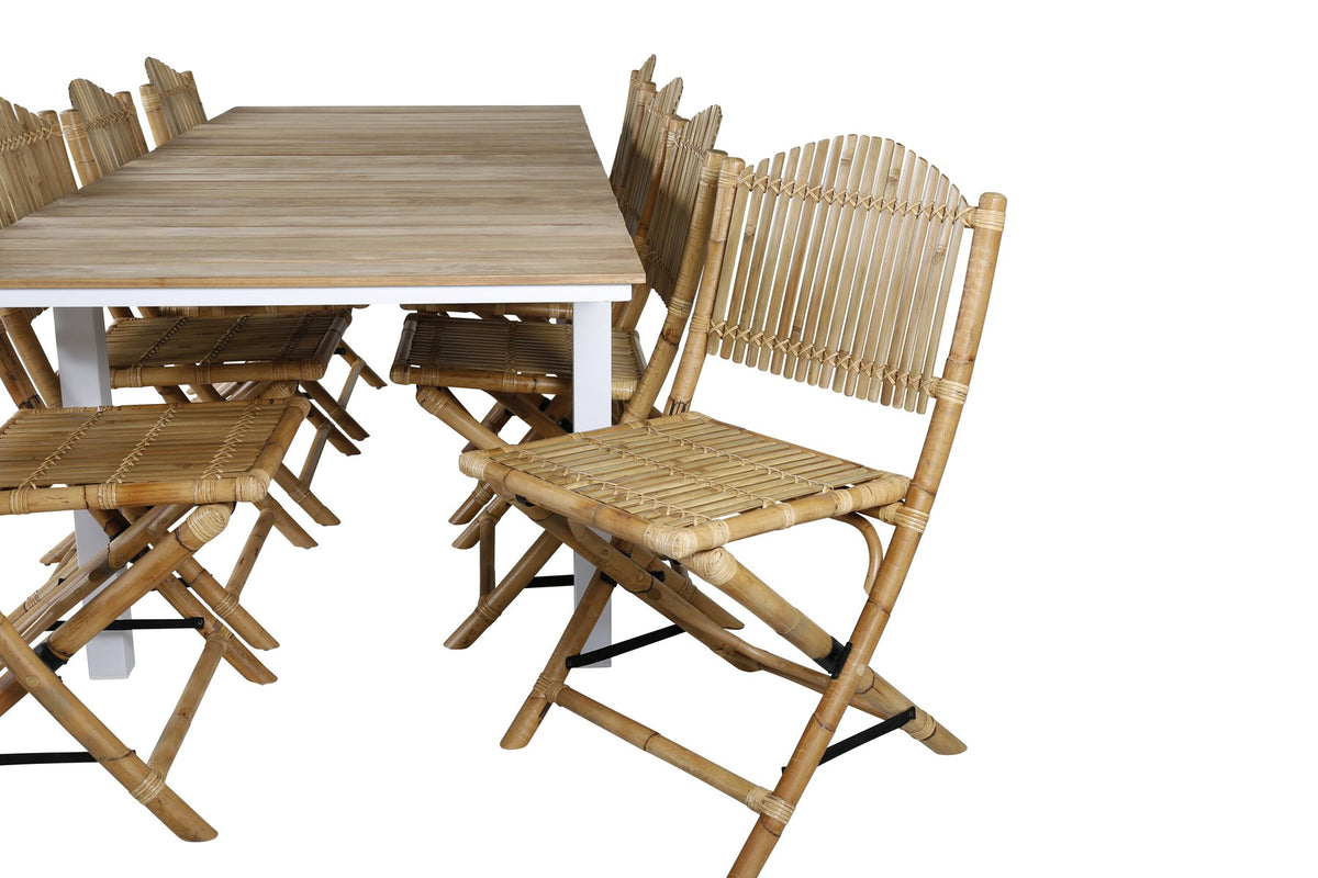 Gartentischset Cane & Mexico von Venture Home: Teakholz-Tisch mit Rattan-Beinen und Aluminium-Stühle in Natur, ausziehbar auf 240 cm.
