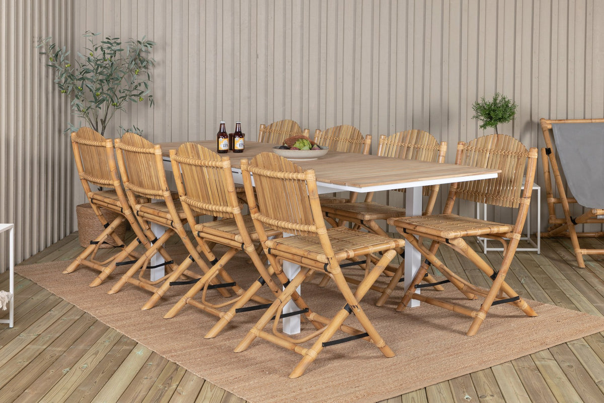Gartentischset Cane & Mexico von Venture Home: Teakholz-Tisch mit Rattan-Beinen und Aluminium-Stühle in Natur, ausziehbar auf 240 cm.