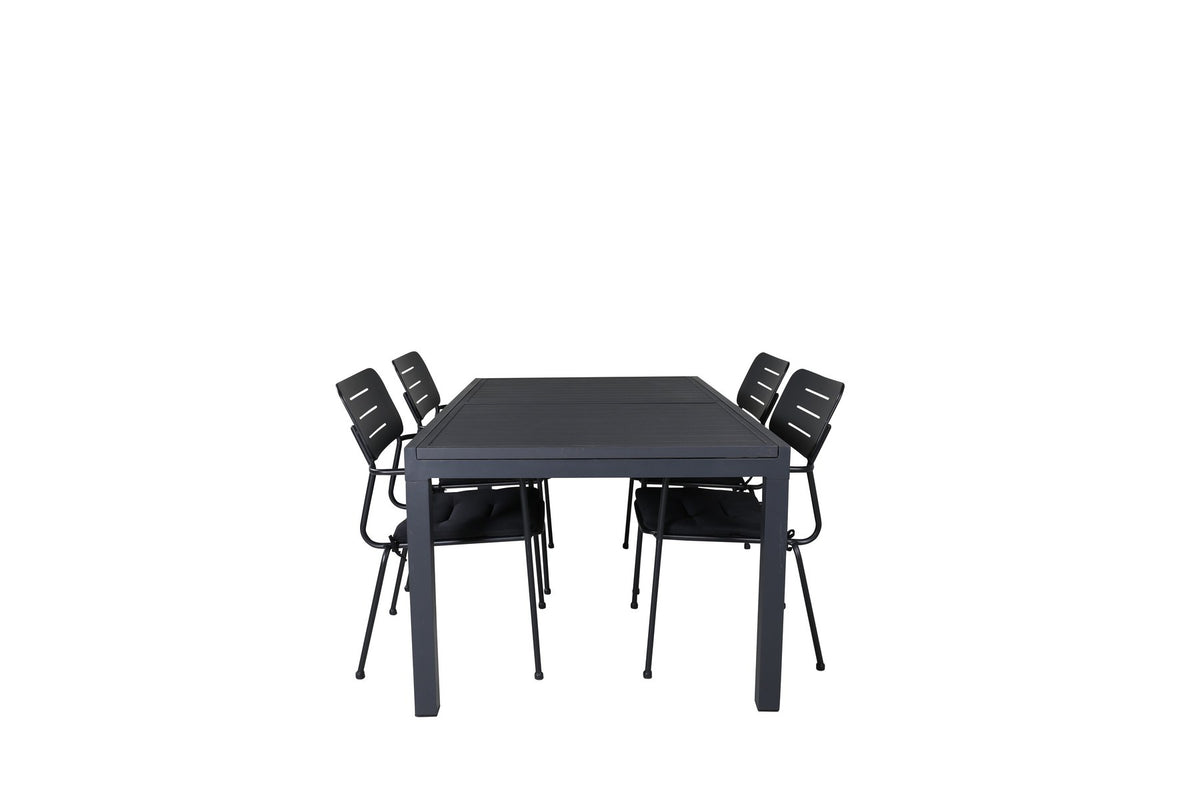 Schwarzes Gartentischset aus Aluminium: rechteckiger Esstisch 160x100 cm mit Aluminium-Tischplatte und zwei Stapelstühle mit Polyesterbezug.