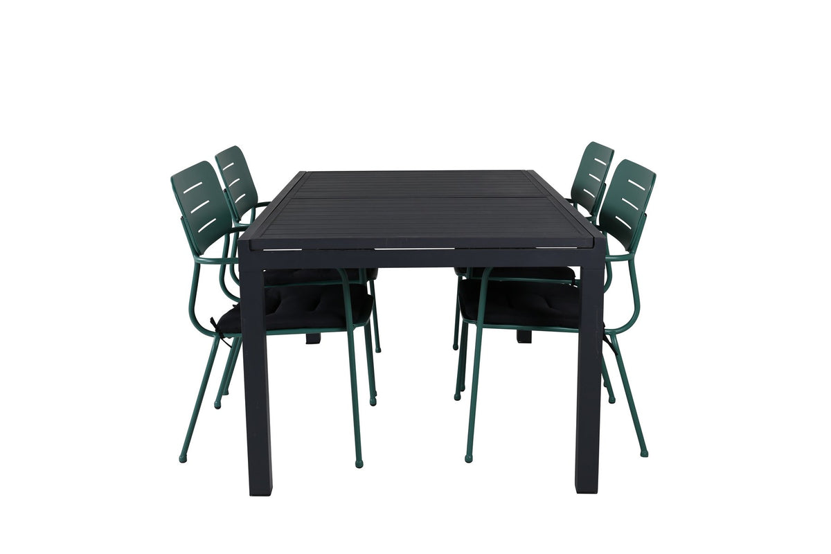 Gartentischset aus Aluminium: schwarzer, ausziehbarer Esstisch 160x100 cm und zwei grüne, stapelbare Aluminiumstühle mit Polyesterbezug.