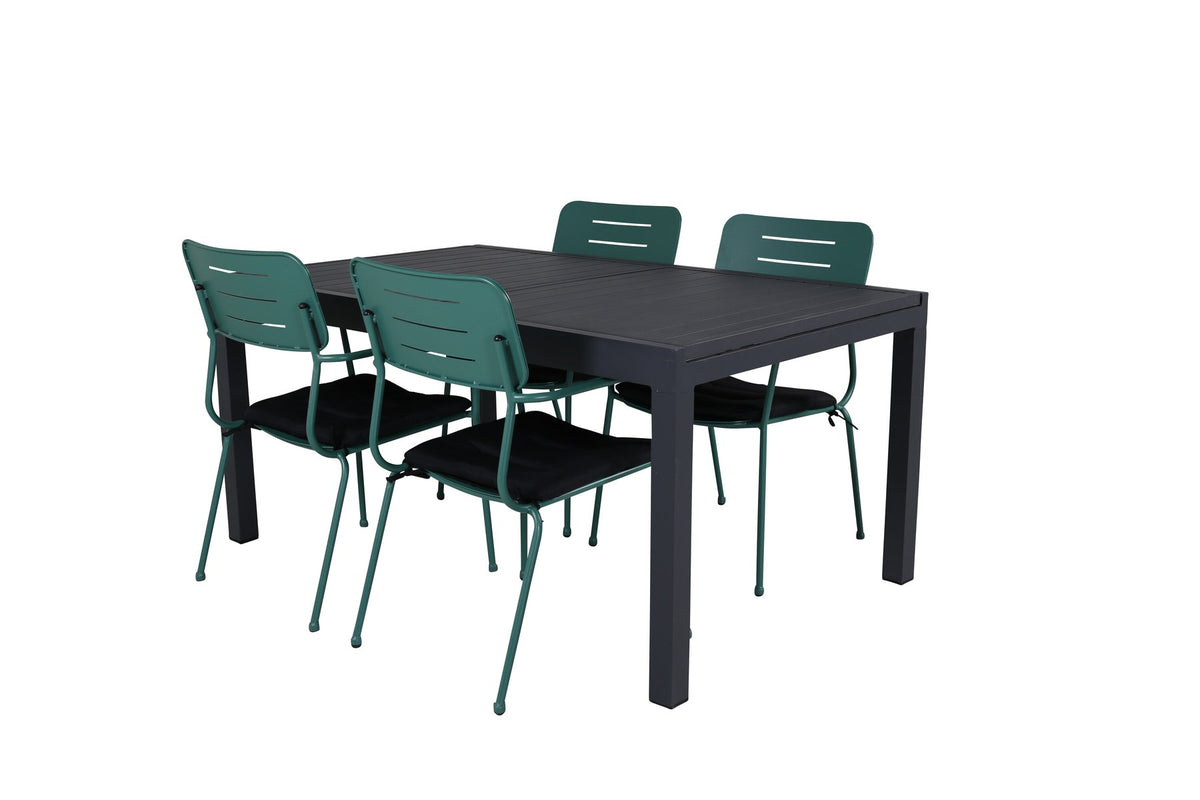 Gartentischset aus Aluminium: schwarzer, ausziehbarer Esstisch 160x100 cm und zwei grüne, stapelbare Aluminiumstühle mit Polyesterbezug.