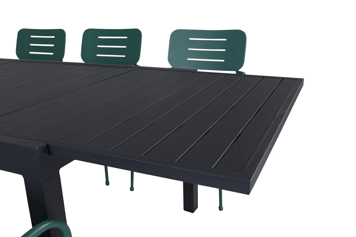 Gartentischset aus Aluminium: schwarzer, ausziehbarer Esstisch 160x100 cm und zwei grüne, stapelbare Aluminiumstühle mit Polyesterbezug.