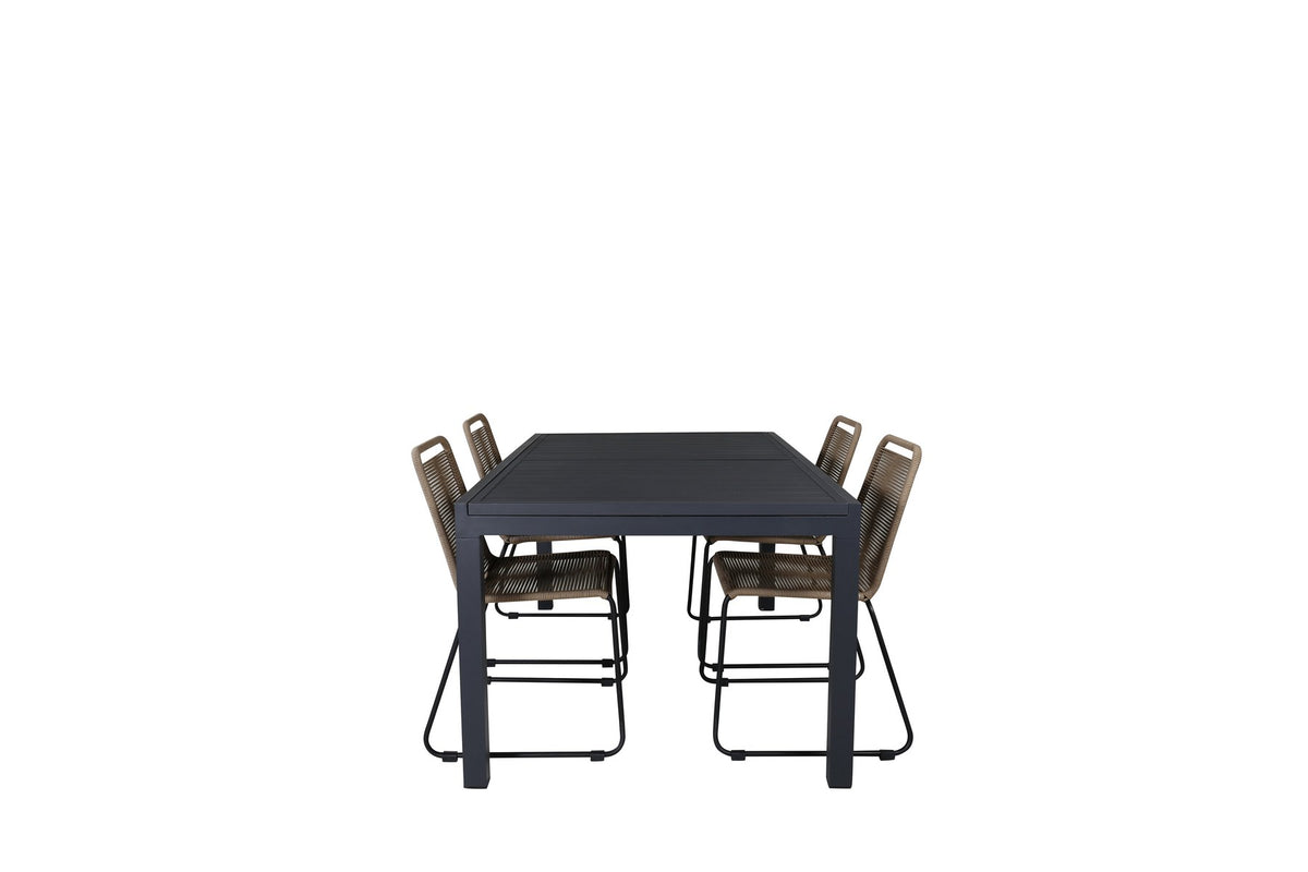Braune Aluminium-Gartenstühle im 2er-Set und rechteckiger Aluminium-Gartentisch 160x100 cm in Schwarz, pulverbeschichtet.