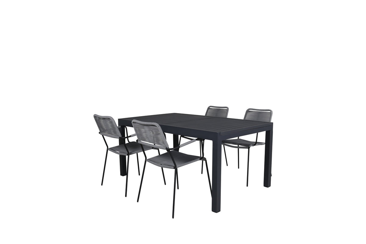 Rechteckiger Aluminium-Esstisch schwarz mit zwei pulverbeschichteten Stühlen in Grau, Gartentischset von Venture Home.