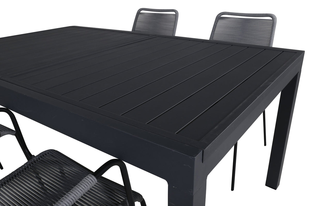 Rechteckiger Aluminium-Esstisch schwarz mit zwei pulverbeschichteten Stühlen in Grau, Gartentischset von Venture Home.