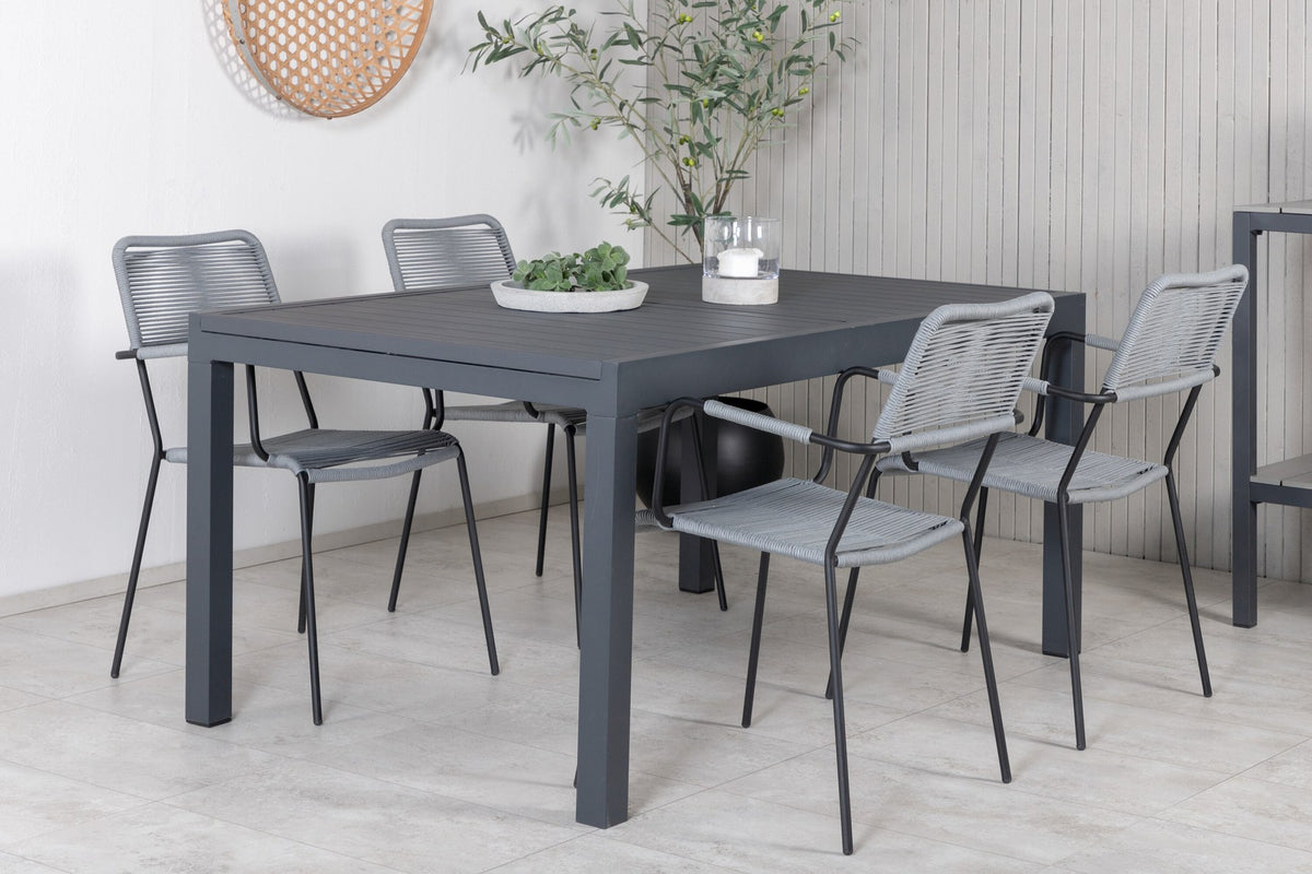 Rechteckiger Aluminium-Esstisch schwarz mit zwei pulverbeschichteten Stühlen in Grau, Gartentischset von Venture Home.