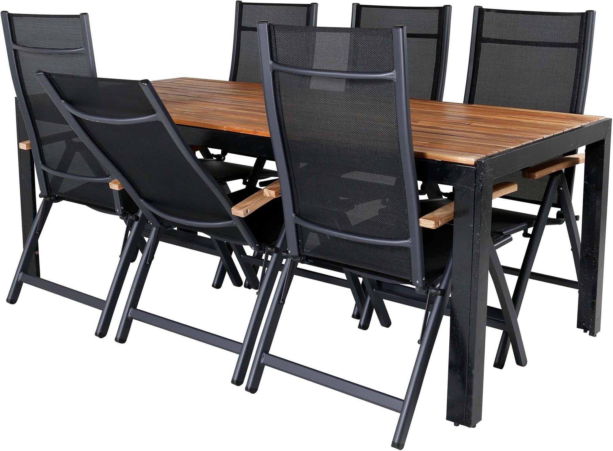 Elegantes Bois Outdoor-Tischset von Venture Home: Robuster Holztisch & 6 bequeme Panama-Stühle für stilvolle Gartenmomente.