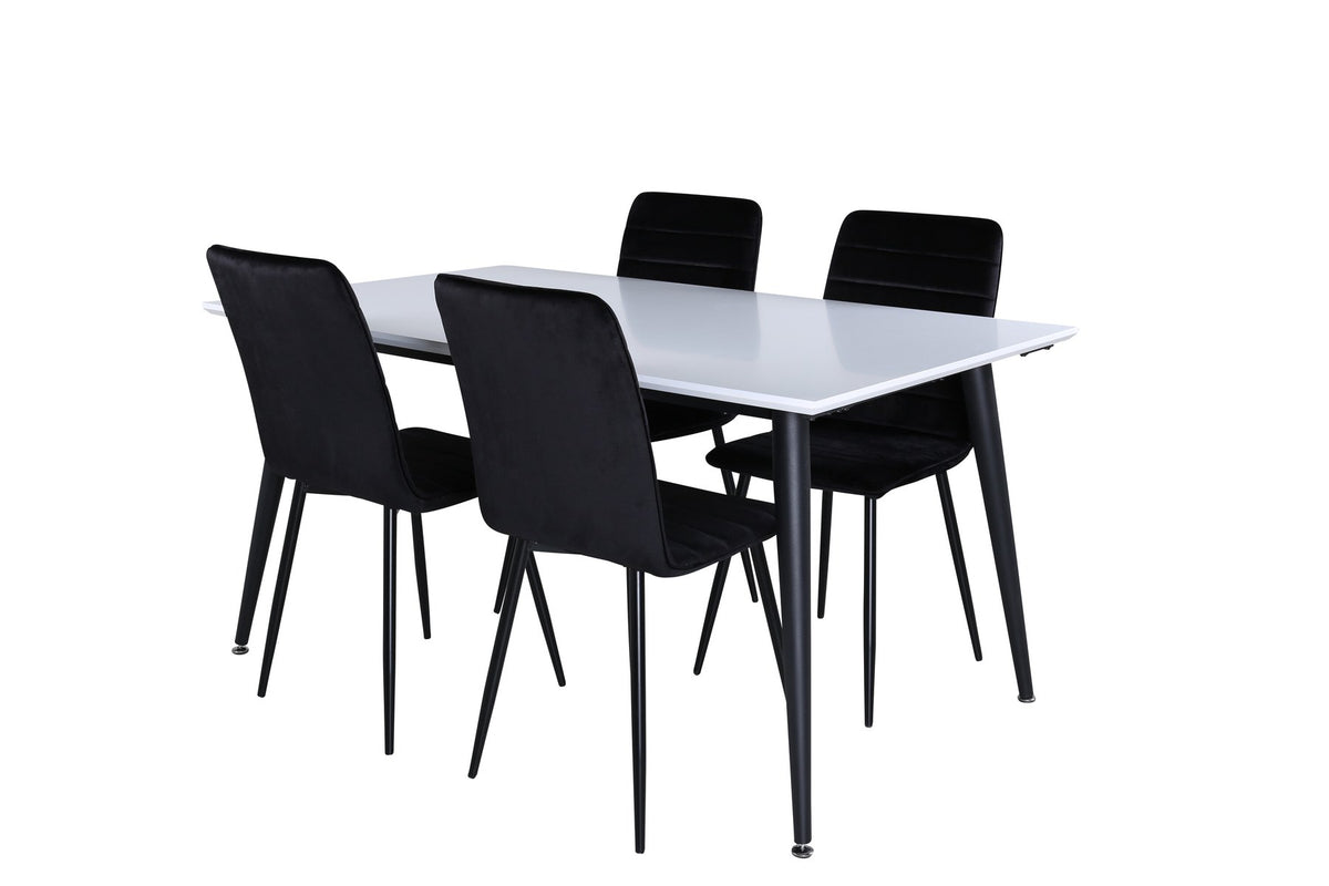 Rechteckiger Esstisch mit weisser HPL/MDF-Platte und schwarzen Stahlbeinen neben zwei schwarzen Esszimmerstühlen mit Bugholzgestell und Polstersitz.