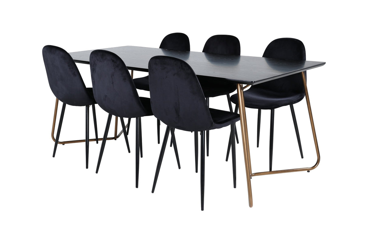 Esszimmerset Petra + Polar: schwarzer Tisch mit MDF-Furnierplatte auf Stahlbeinen, sechs Stühle mit Samt-Sitzkissen und Bugholzbeinen.