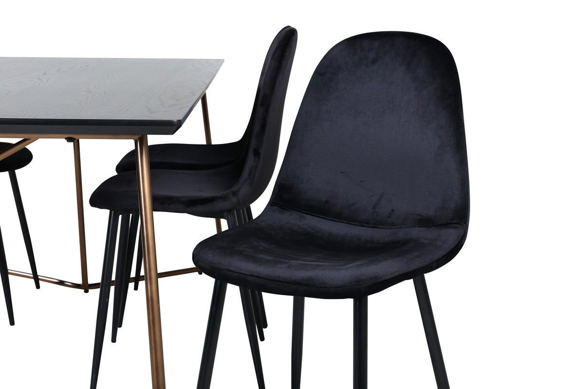 Esszimmerset Petra + Polar: schwarzer Tisch mit MDF-Furnierplatte auf Stahlbeinen, sechs Stühle mit Samt-Sitzkissen und Bugholzbeinen.