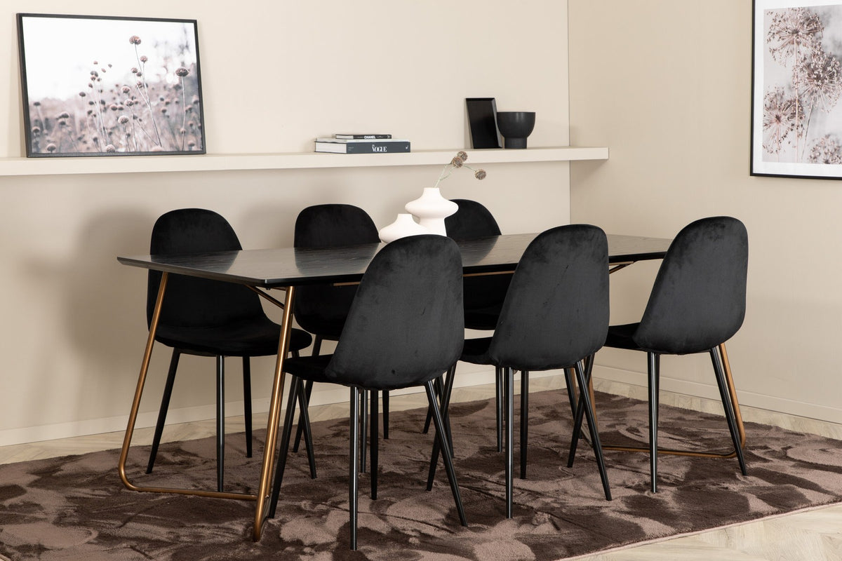 Esszimmerset Petra + Polar: schwarzer Tisch mit MDF-Furnierplatte auf Stahlbeinen, sechs Stühle mit Samt-Sitzkissen und Bugholzbeinen.