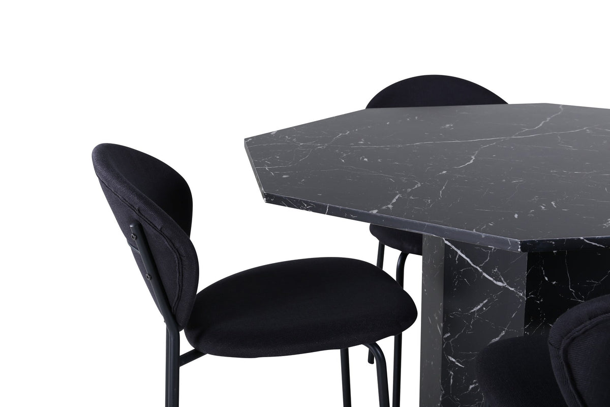 Schwarzer achteckiger Esstisch mit Marmoroptik aus MDF und vier Vault-Stühlen mit Stahlgestell und schwarz pulverbeschichteter Oberfläche