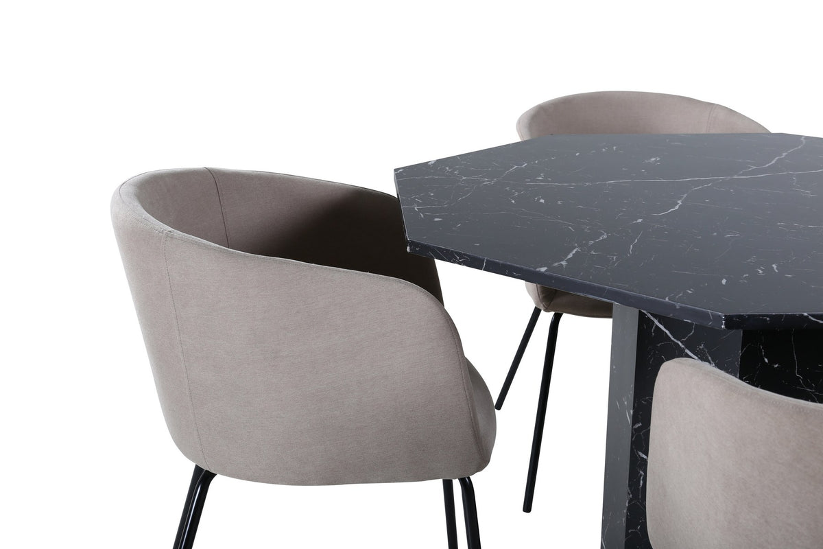 Rundes Esszimmerset Marbs mit schwarzer Glasmarmor-Tischplatte, MDF-Tischbein und vier Berit-Stühlen mit beigem Samtbezug und schwarzen Stahlbeinen