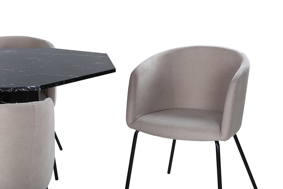 Rundes Esszimmerset Marbs mit schwarzer Glasmarmor-Tischplatte, MDF-Tischbein und vier Berit-Stühlen mit beigem Samtbezug und schwarzen Stahlbeinen