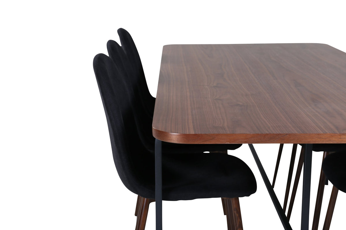 Rechteckiger Esstisch mit Nussbaum-Furnierplatte aus MDF und schwarzem Stahluntergestell, umgeben von sechs gepolsterten Polar Stühlen mit schwarzem Polyesterbezug.