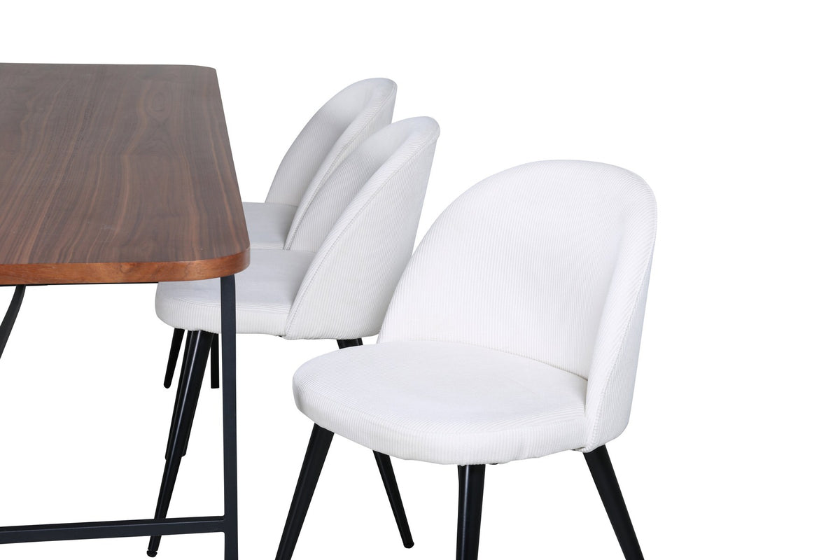 Rechteckiger Esstisch mit Nussbaum-MDF-Platte und Stahlgestell, kombiniert mit Esszimmerstühlen mit Creme Polyester-Cord-Bezug und Stahlbeinen.