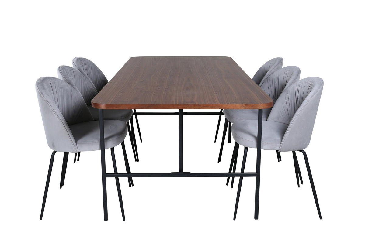 Esszimmerset Uno mit rechteckigem MDF-Tisch in Nussbaum-Furnier und schwarzem Stahlgestell, sechs Wrinkles Stühle mit grauem Samtbezug.