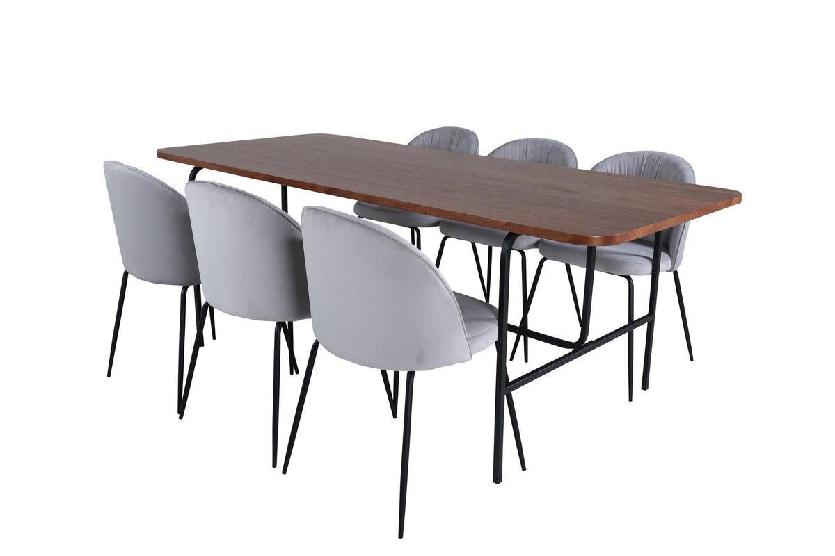 Esszimmerset Uno mit rechteckigem MDF-Tisch in Nussbaum-Furnier und schwarzem Stahlgestell, sechs Wrinkles Stühle mit grauem Samtbezug.