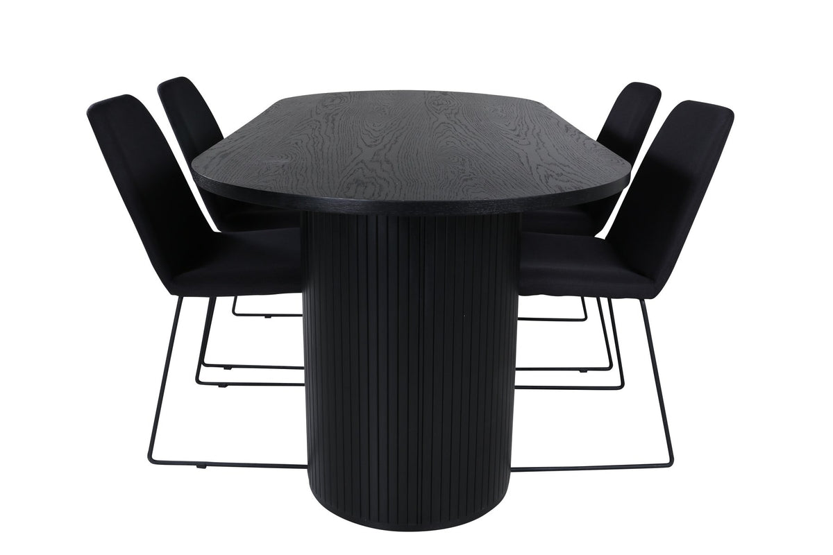 Schwarzes Bartischset Bianca mit vier Muce-Stühlen, Tischplatte aus MDF mit Furnier, Stuhlbeine aus schwarzem Metall, Sitz aus Polyester.