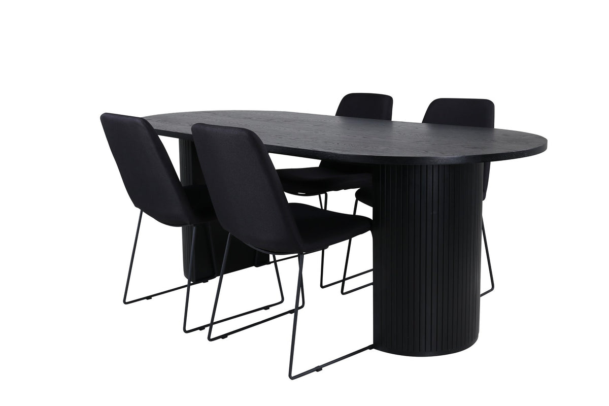 Schwarzes Bartischset Bianca mit vier Muce-Stühlen, Tischplatte aus MDF mit Furnier, Stuhlbeine aus schwarzem Metall, Sitz aus Polyester.