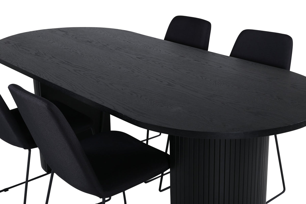 Schwarzes Bartischset Bianca mit vier Muce-Stühlen, Tischplatte aus MDF mit Furnier, Stuhlbeine aus schwarzem Metall, Sitz aus Polyester.