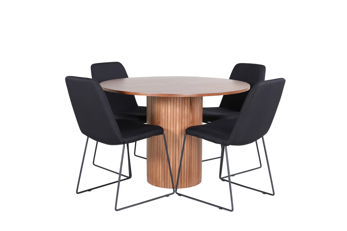 Schwarzes Bartischset Bianca mit vier Muce-Stühlen, Tischplatte aus MDF mit Furnier, Stuhlbeine aus schwarzem Metall, Sitz aus Polyester.