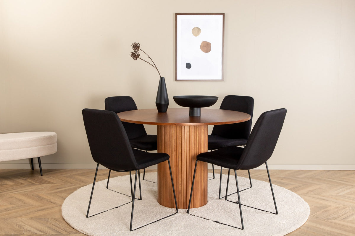 Schwarzes Bartischset Bianca mit vier Muce-Stühlen, Tischplatte aus MDF mit Furnier, Stuhlbeine aus schwarzem Metall, Sitz aus Polyester.