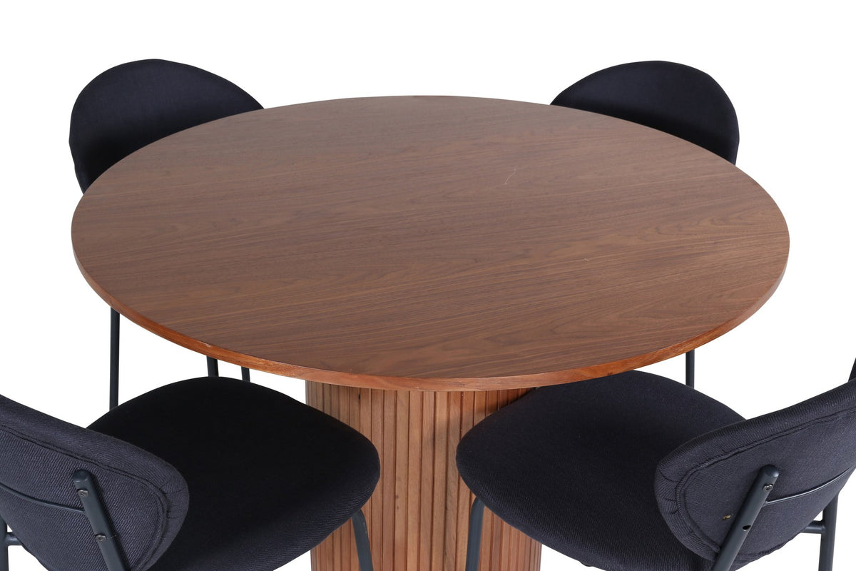 Schwarzes Bartischset Bianca mit rundem MDF-Tisch auf Stahlgestell und vier ovalen Vault-Stühlen mit Polsterkissen