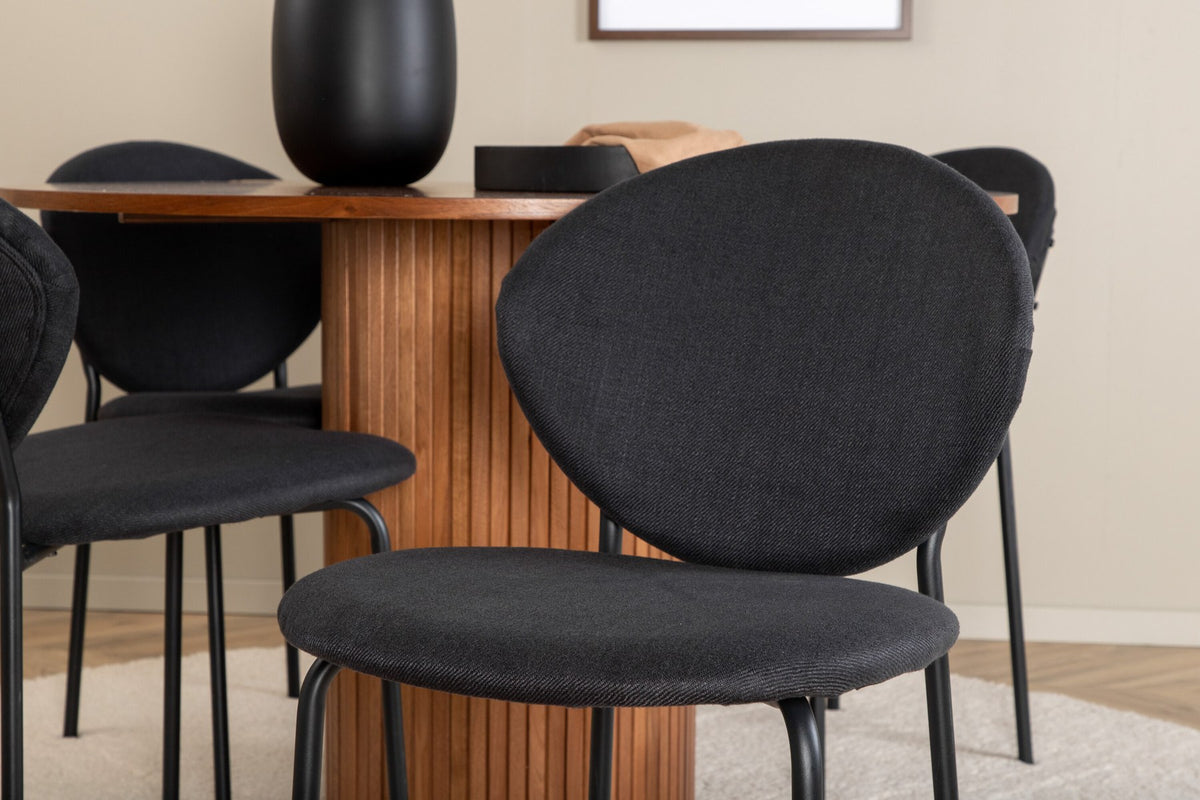 Schwarzes Bartischset Bianca mit rundem MDF-Tisch auf Stahlgestell und vier ovalen Vault-Stühlen mit Polsterkissen