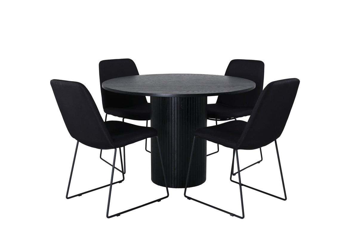 Schwarzes Bartischset Bianca mit vier Muce-Stühlen, Tischplatte aus MDF mit Furnier, Stuhlbeine aus schwarzem Metall, Sitz aus Polyester.