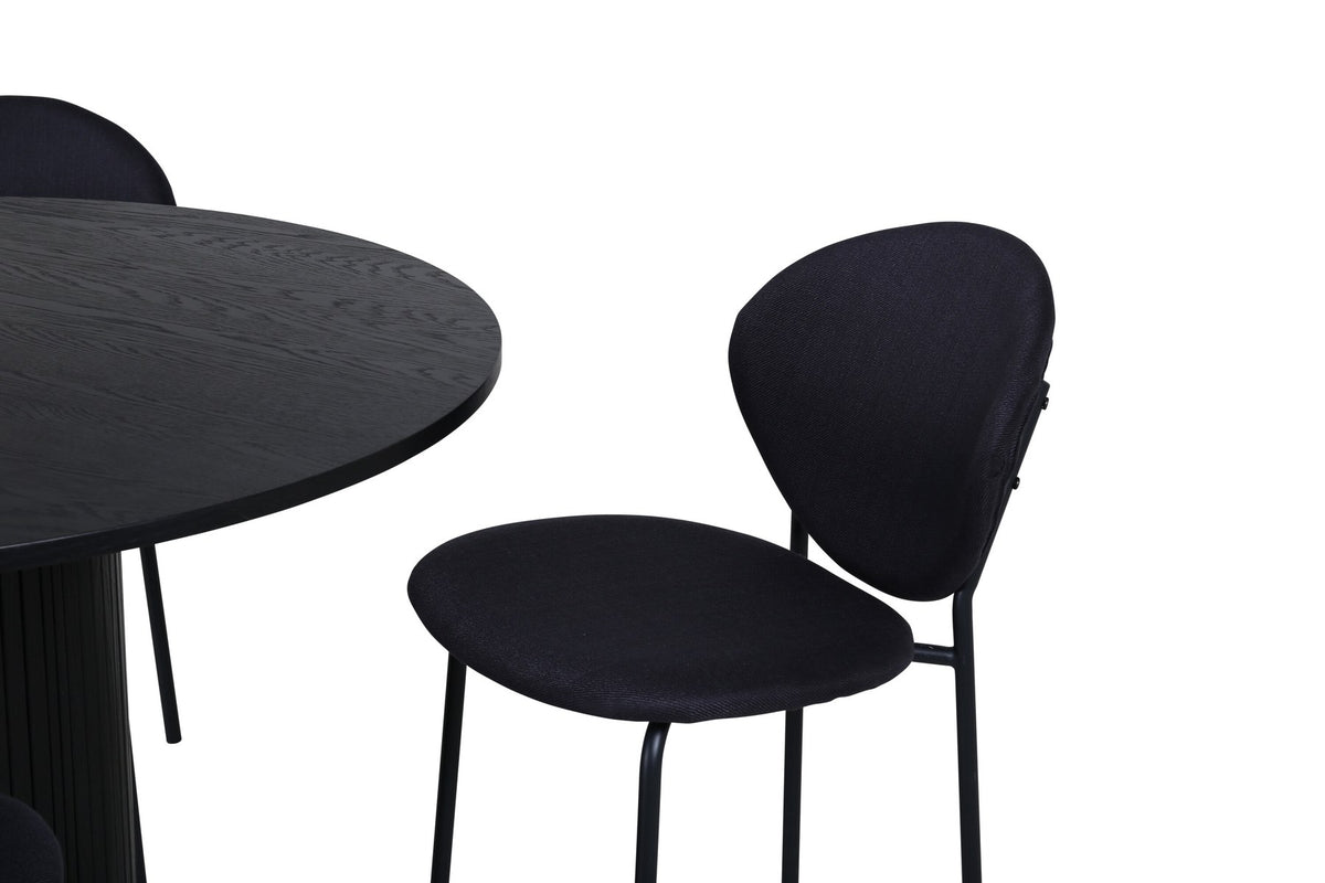 Schwarzes Bartischset Bianca mit rundem MDF-Tisch auf Stahlgestell und vier ovalen Vault-Stühlen mit Polsterkissen