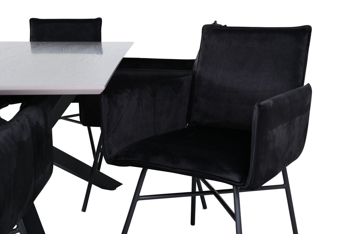Esszimmerset mit rechteckigem Tisch, grauer MDF-Furnier-Platte, gekreuztem Stahlgestell und sechs Petra-Stühlen mit schwarzem Samtsitz.