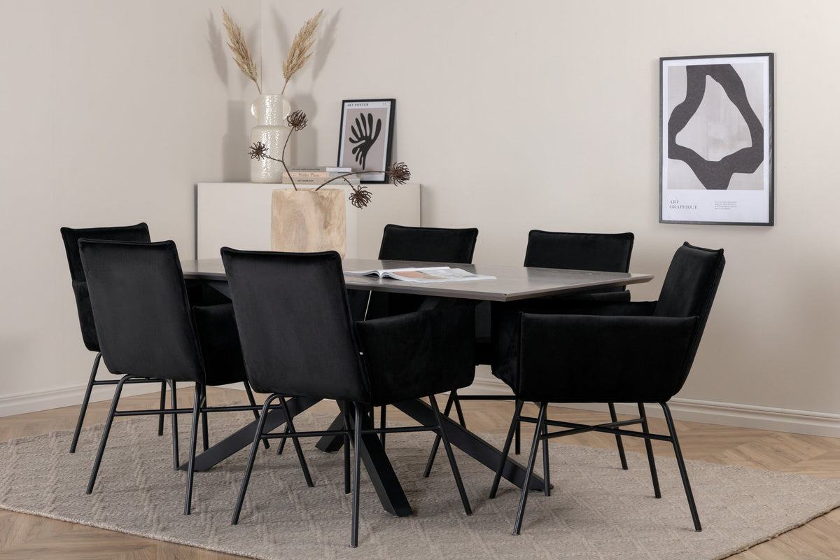 Esszimmerset mit rechteckigem Tisch, grauer MDF-Furnier-Platte, gekreuztem Stahlgestell und sechs Petra-Stühlen mit schwarzem Samtsitz.