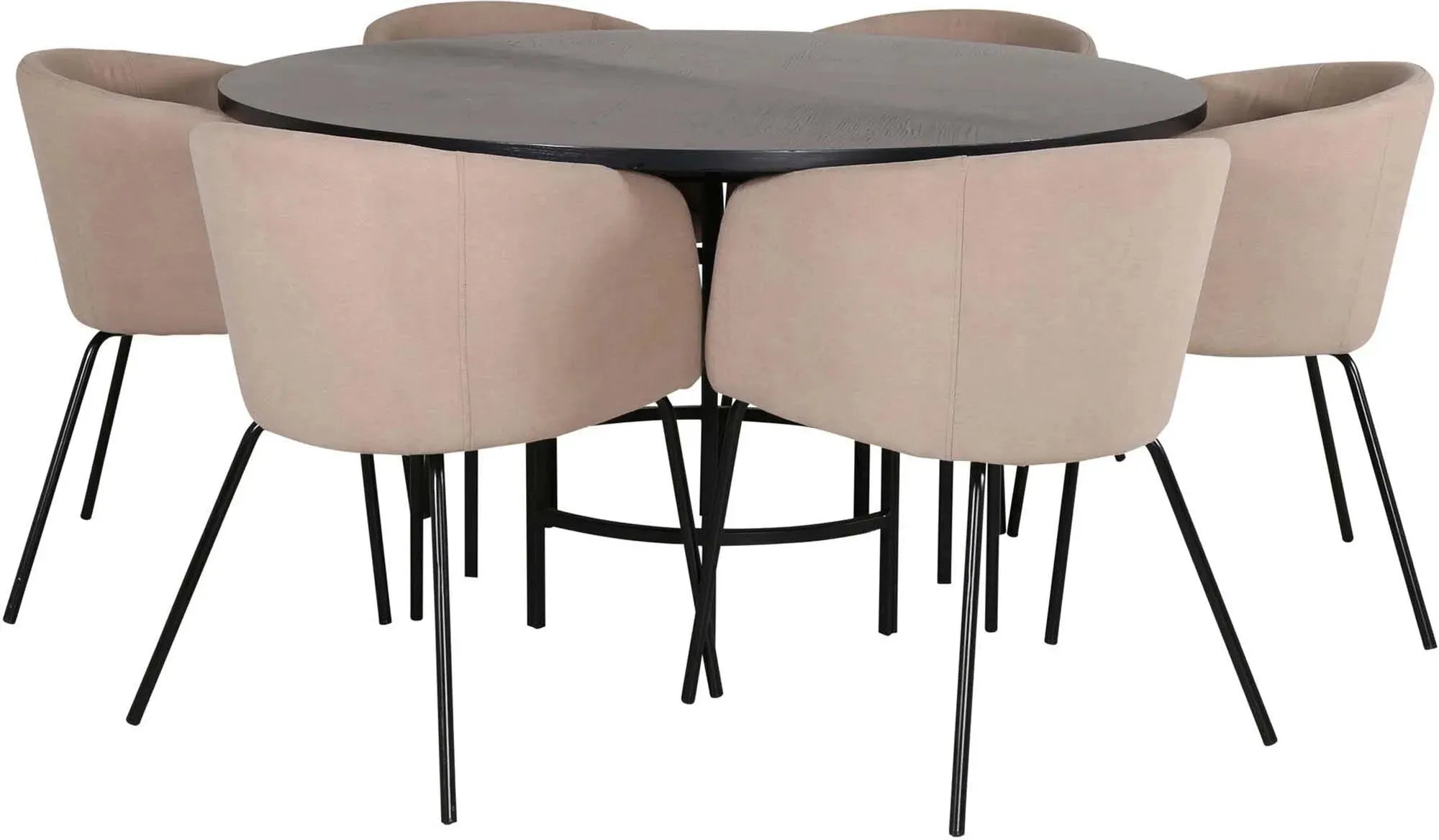 Modernes Esszimmerset: runder Tisch (⌀140cm) mit MDF-Furnier, 6 bequeme Stühle in Beige, ideal für stilvolles Wohnen.