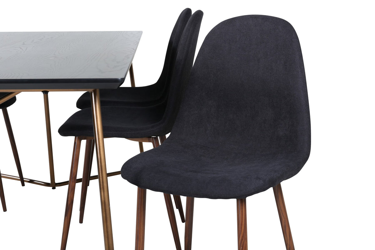 Esszimmerset Petra + Polar: schwarzer Tisch mit MDF-Furnierplatte auf Stahlbeinen, sechs Stühle mit Samt-Sitzkissen und Bugholzbeinen.