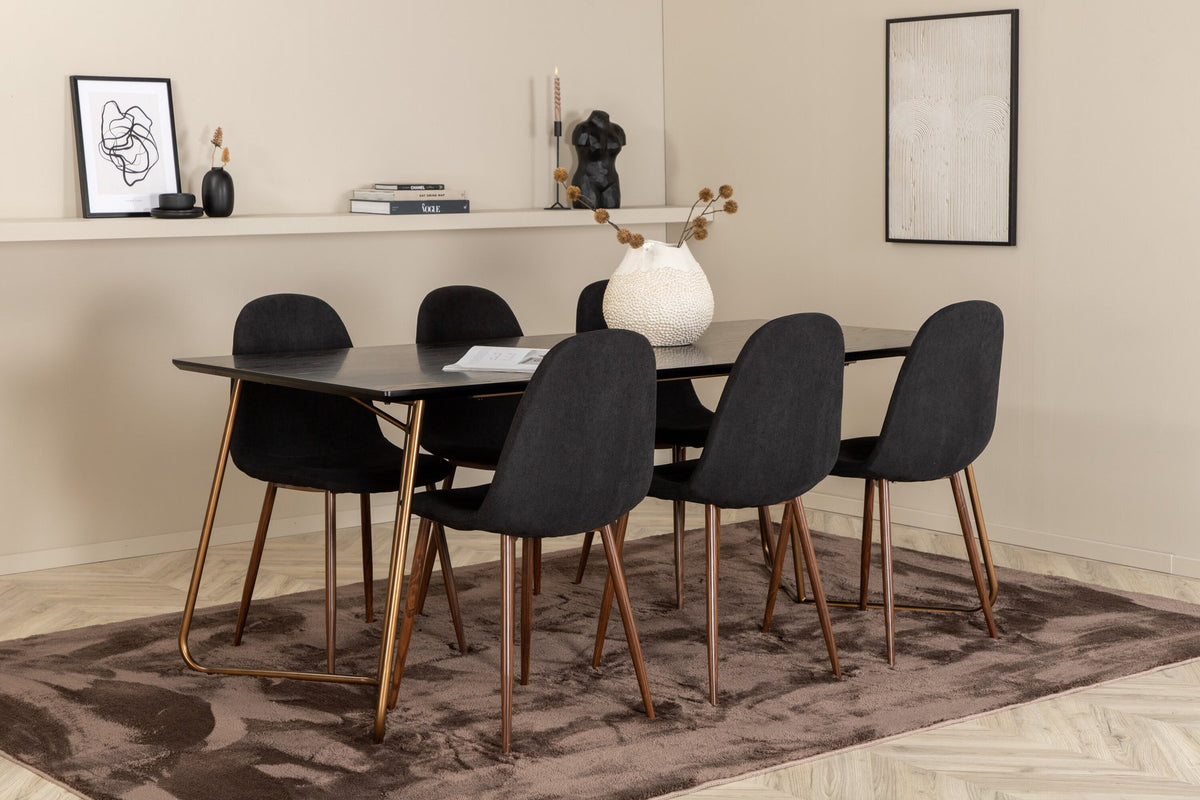 Esszimmerset Petra + Polar: schwarzer Tisch mit MDF-Furnierplatte auf Stahlbeinen, sechs Stühle mit Samt-Sitzkissen und Bugholzbeinen.