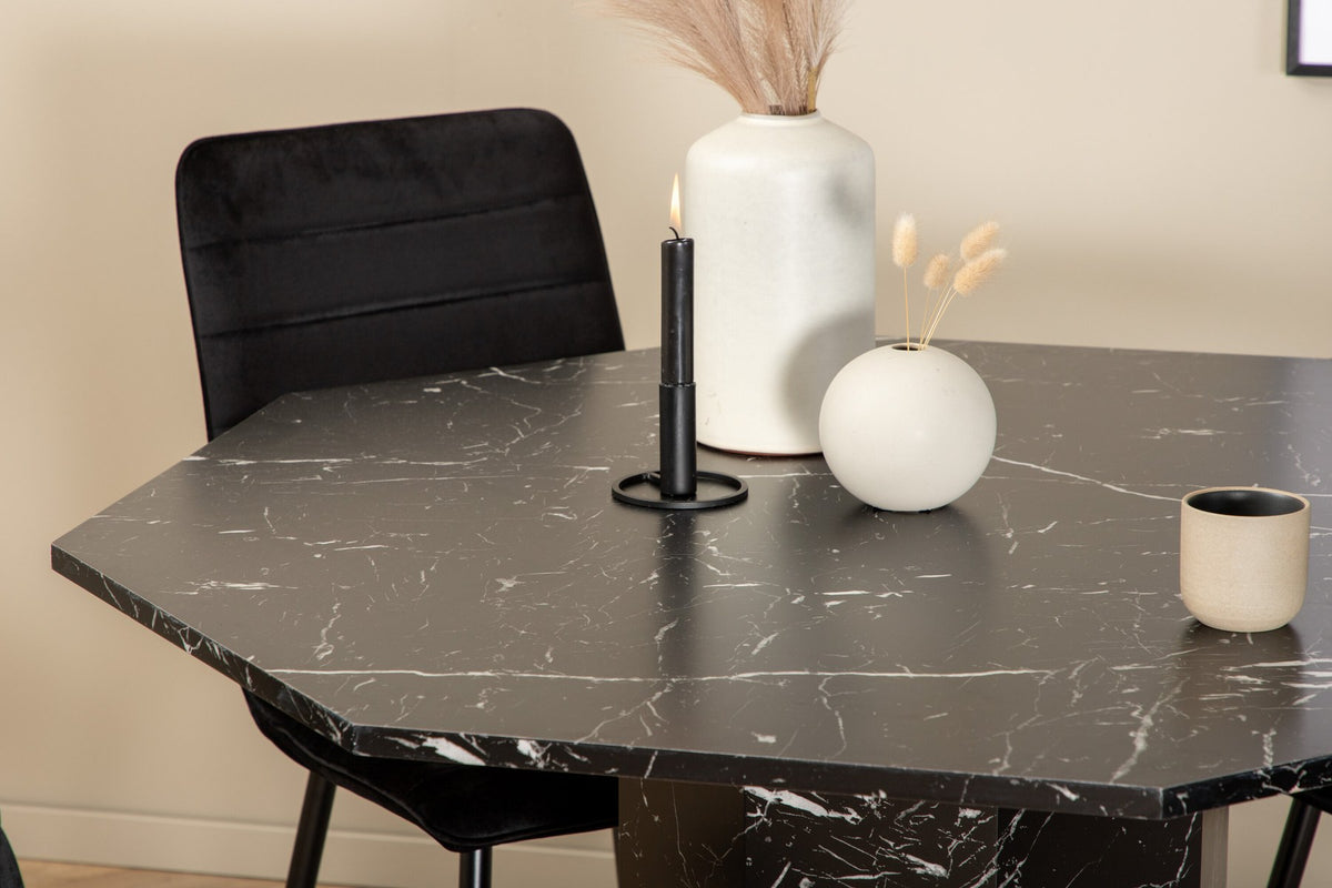 Rundes Esszimmerset aus MDF in Schwarz: achteckiger Tisch ⌀110 cm mit Marmorglas-Platte und 2 Stühlen mit schwarzem Samtbezug